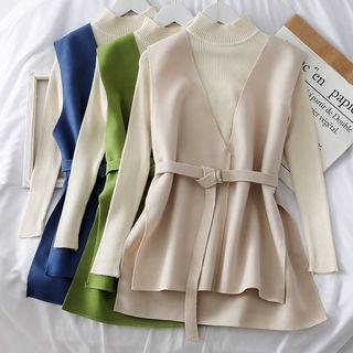 Set: Mock-neck Knit Top + Asymmetric Knit Vest With Sash