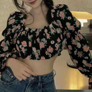 Off-shoulder Flower Print Crop Top Black - One Size
