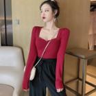 Square-neck Plain Knit Long-sleeve Blouse