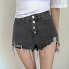 Button-fly Ripped Denim Shorts