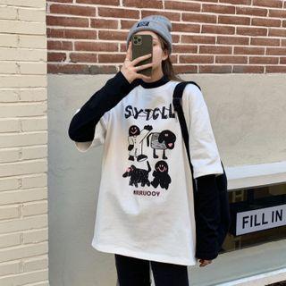 Short-sleeve Cartoon Print T-shirt / Long-sleeve Mock Neck Plain T-shirt