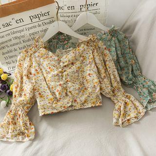 Boatneck Floral Ruched Crop Blouse