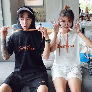 Couple Matching Set: Embroidered Short-sleeve Hooded T-shirt + Shorts