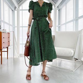 Notch-collar Dotted Long Flare Dress With Sash