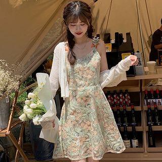 Spaghetti Strap Lace Floral Mini A-line Dress / Long-sleeve Plain Cropped Cardigan