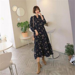 Open-placket Floral Maxi Shirtdress Navy Blue - One Size