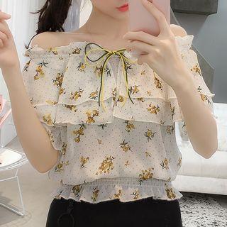 Off-shoulder Elbow-sleeve Print Top