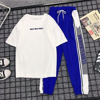 Set: Elbow-sleeve Lettering T-shirt + Color Panel Sweatpants