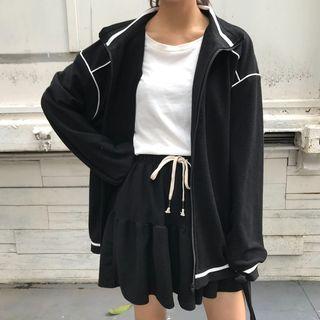 Contrast Trim Zip Jacket / Drawstring A-line Mini Skirt