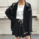 Contrast Trim Zip Jacket / Drawstring A-line Mini Skirt
