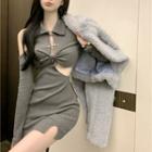 Fleece Jacket / Long-sleeve Cold Shoulder Mini Dress