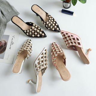 Pointed Faux-pearl Detail Kitten Heel Mules