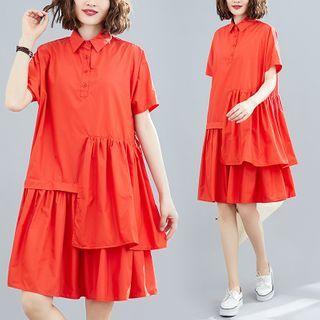 Collared Asymmetric Layered Short-sleeve A-line Dress