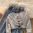Long-sleeve Round Neck Drawstring Top / High-waist Jeans