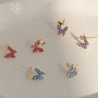 Sterling Silver Rhinestone Butterfly Stud Earring 1 Pair - Sterling Silver Rhinestone Butterfly Stud Earring - Blue - One Size