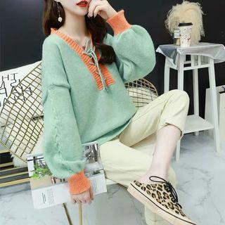 Lace Up Contrast Trim Lantern-sleeve Sweater
