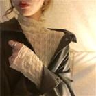 Lace Turtle-neck Long-sleeve Sheer Top Almond - One Size