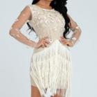 Long-sleeve Embellished Fringed Mini Sheath Dress