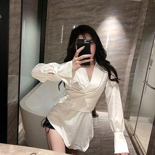 Plain Asymmetric Long-sleeve Blouse / High-waist Shorts
