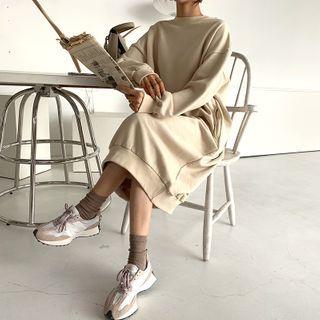 Fleece-lined Midi Sweatshirt Dress Beige - One Size