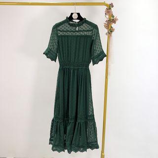 Short-sleeve Dotted Lace Trim Midi A-line Dress