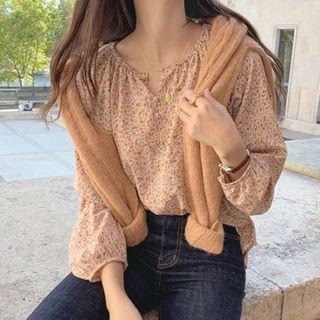 Floral Long-sleeve Blouse Floral Print Blouse - One Size