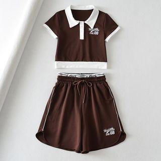 Short-sleeve Contrast Trim Lettering Embroidered Cropped T-shirt / Drawstring Shorts