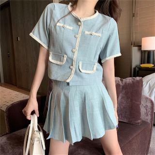 Contrast Trim Long Sleeve Jacket / Pleated Mini A-line Skirt