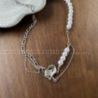 Heart Rhinestone Faux Pearl Alloy Necklace 1 Pc - Heart Rhinestone Faux Pearl Alloy Necklace - Silver - One Size