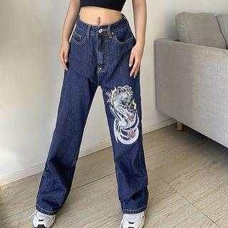 High Waist Dragon Print Wide Leg Jeans