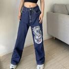 High Waist Dragon Print Wide Leg Jeans
