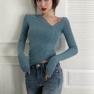 Long-sleeve Asymmetric Hem T-shirt As Shown In Figure - One Size