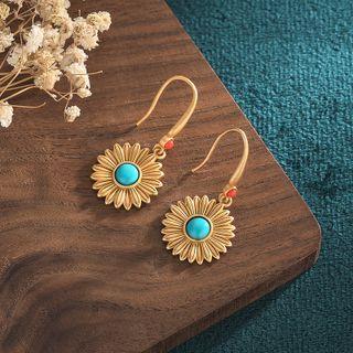 Flower Turquoise Alloy Dangle Earring 1 Pair - Cp327 - Gold - One Size