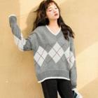 Argyle V-neck Sweater As Shown In Figure - One Size