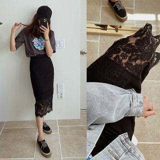 Lace-hem H-line Skirt Black - One Size