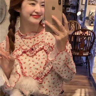 Long-sleeve Floral Cropped T-shirt Floral - Red - One Size