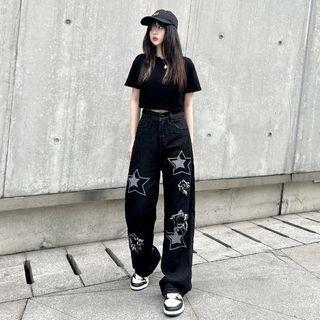 Mid Rise Star Print Wide Leg Jeans