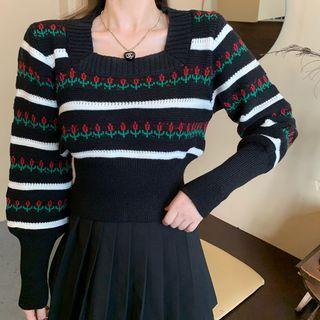 Square-neck Floral Cropped Sweater