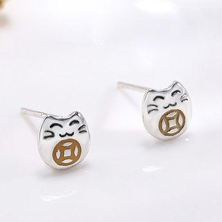 Sterling Silver Fortune Cat Stud Earring Silver - One Size