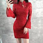 Bell-sleeve Mini Bodycon Lace Qipao Dress