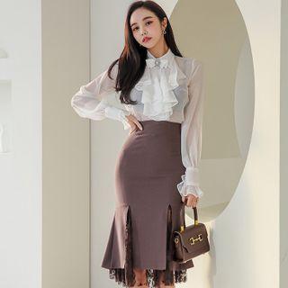Set: Ruffle Blouse + Lace Panel Pencil Skirt