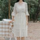Set: Plain Slipdress + Lace Elbow-sleeve A-line Dress