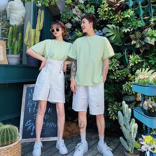 Couple Matching Short-sleeve Striped T-shirt / Suspender Shorts / Shorts
