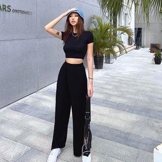 Set: Crew-neck Short-sleeve T-shirt + Side-slit Wide-leg Pants