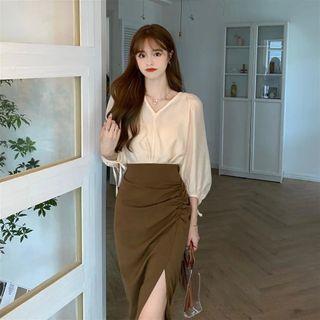 Puff-sleeve Blouse / Midi Skirt / Set