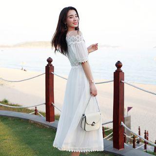 Lace Trim Off-shoulder Elbow-sleeve A-line Midi Dress