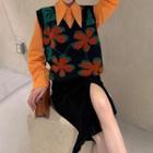 Long-sleeve Plain Shirt / Floral Sweater Vest / Midi A-line Skirt