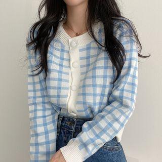 Round Neck Plaid Knit Cardigan