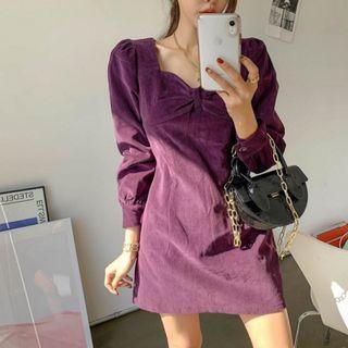 Puff Sleeve Square-neck Corduroy Mini Dress