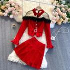 Set: Long-sleeve Mesh Panel Fluffy Trim Cropped Blouse + Mini A-line Skirt